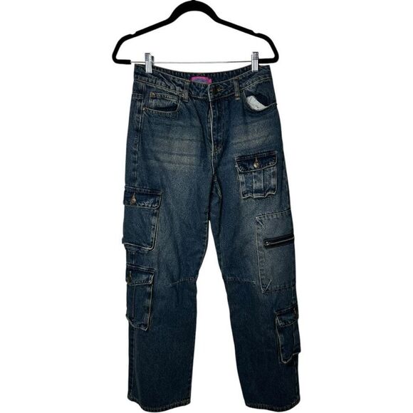 Edikted Cargo Thick Denim Cotton Jeans Size S Y2K Damaged Zipper - Picture 1 of 12
